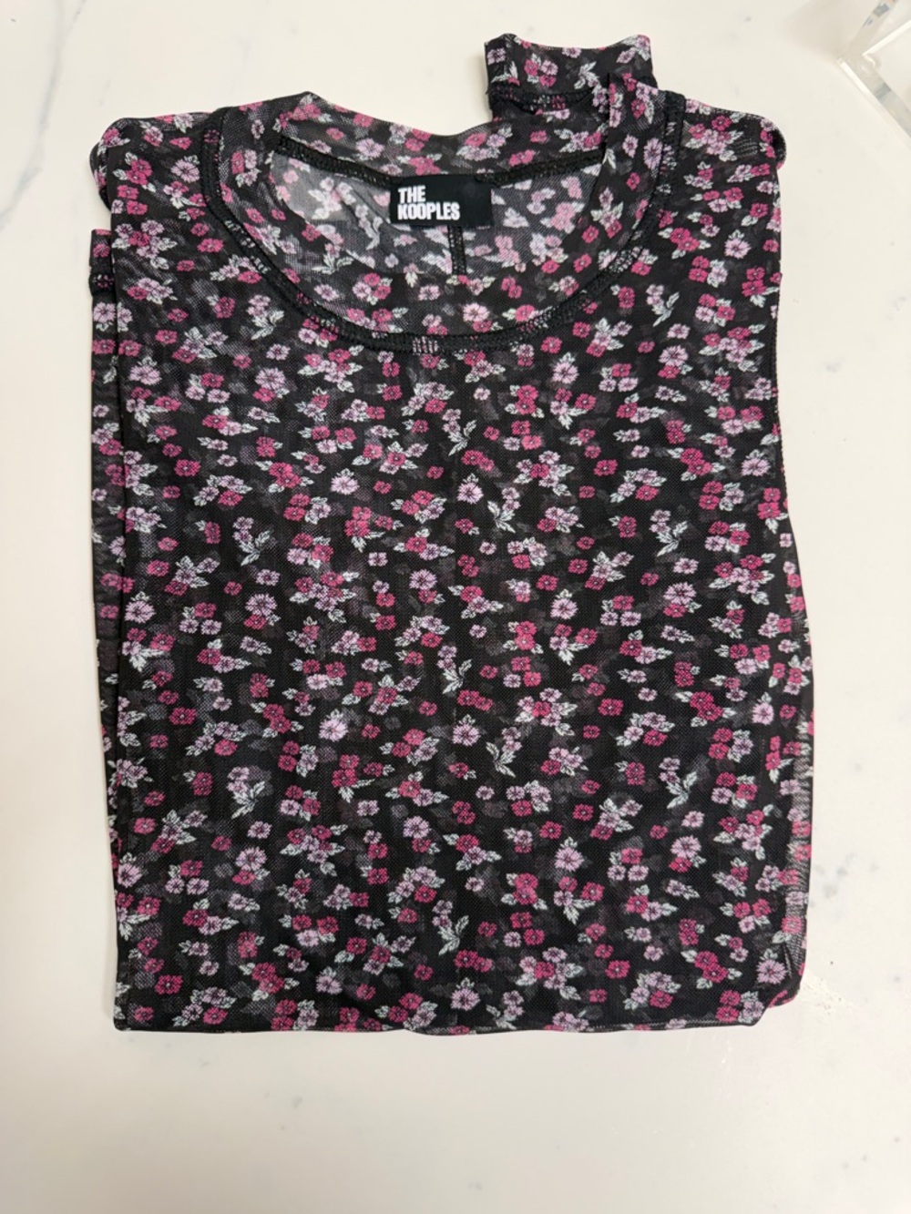 The Kooples Black Mesh Top with Pink & White Floral Print